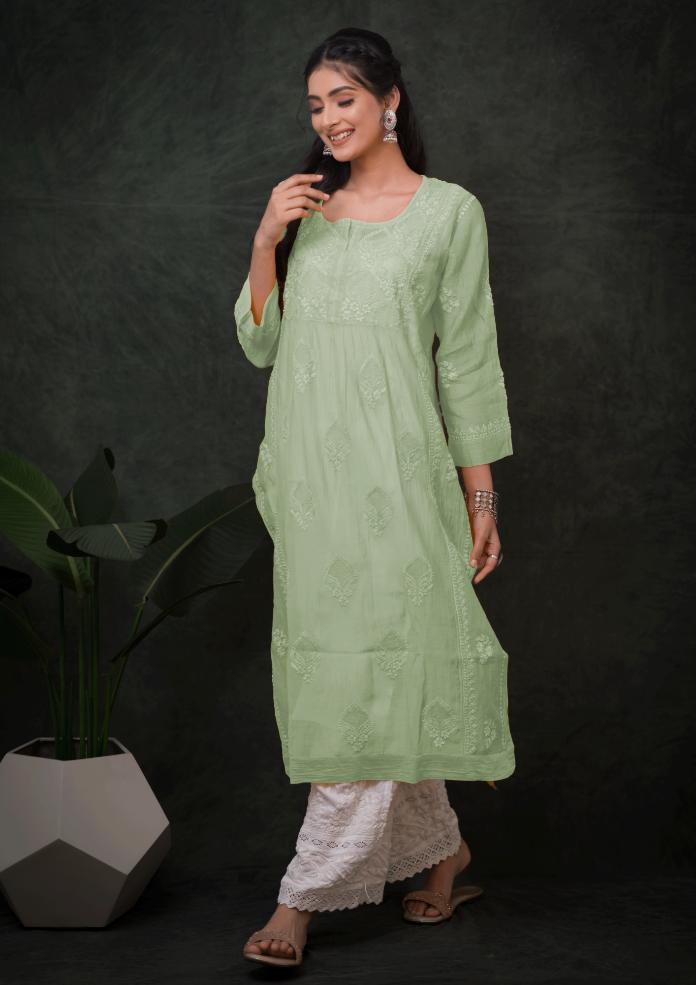 Mul Chikankari Long Kurti - Dewdrop Sage