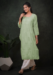 Mul Chikankari Long Kurti - Dewdrop Sage