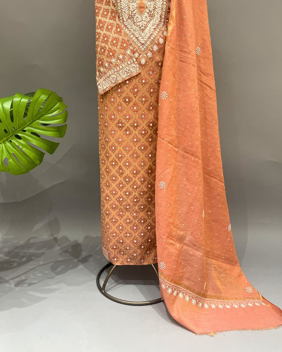 Tissue Chikankari Unstitch 2pc Suit - Orange Zest