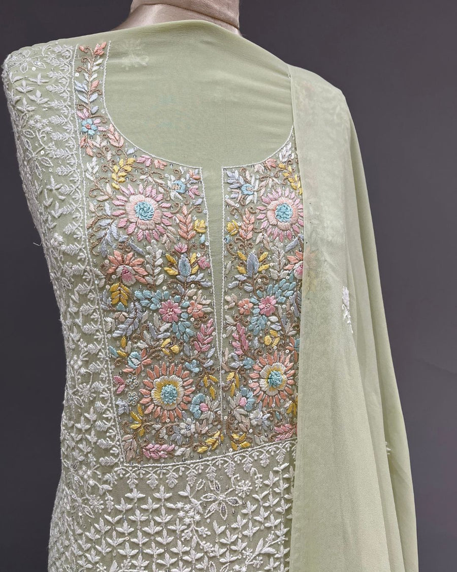 Pure Georgette Chikankari Unstitched 2pc Suit - Mint Green
