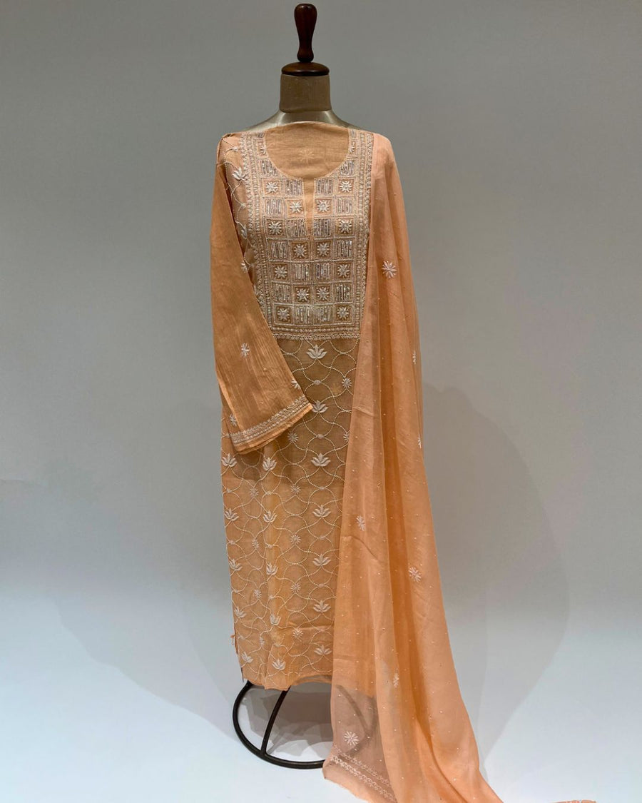 Mul Chikankari Unstitched 2pc Suit - Papaya Orange