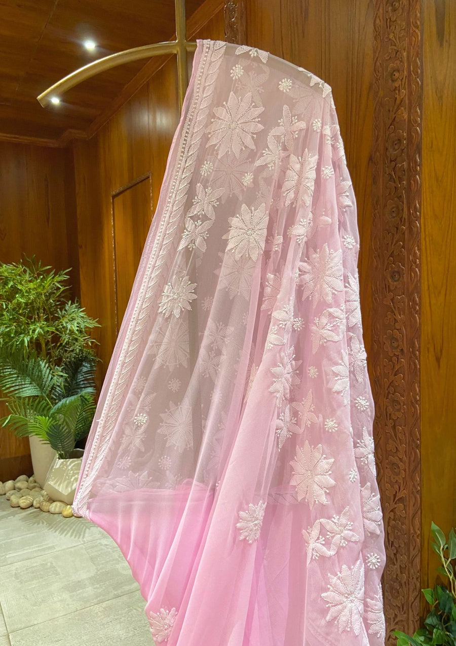 Chikan Saree Georgette - Pink