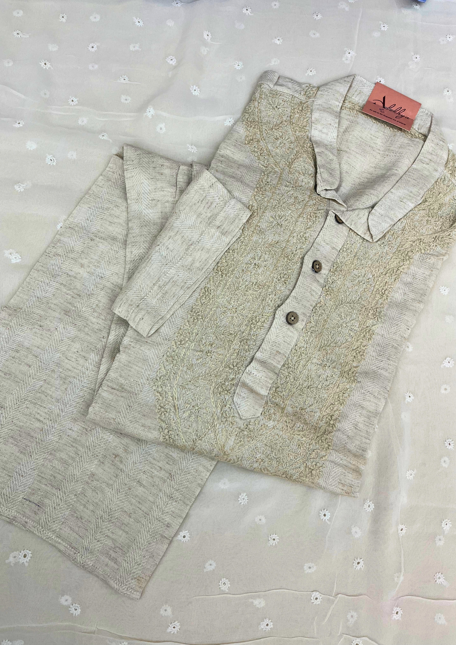 Chikankari Stitched Mens Kurta - Latte Brown