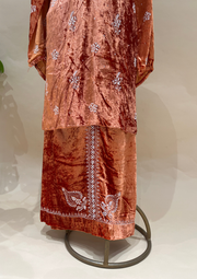 Velvet Chikankari Unstitched Coord Set - Rust Orange