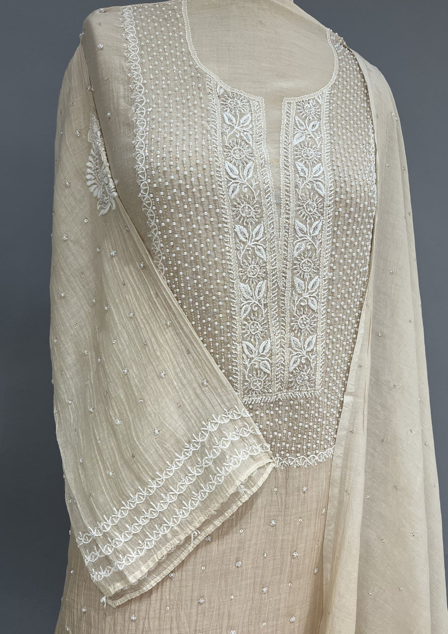 Mul Chanderi Chikankari Unstitch 2pc Suit - Beige Gold