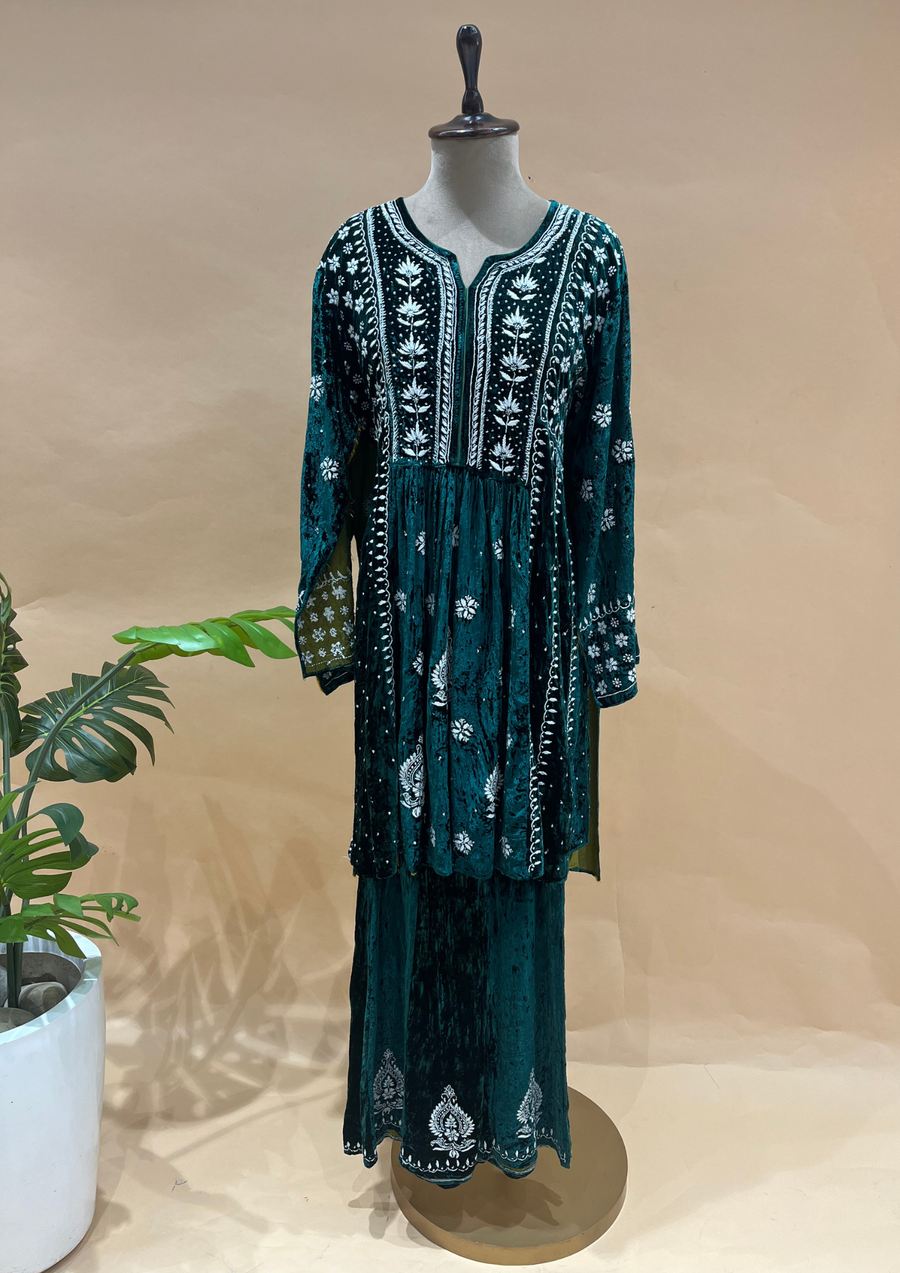 Velvet Chikankari Semistitched Palazzo Set - Emerald Green