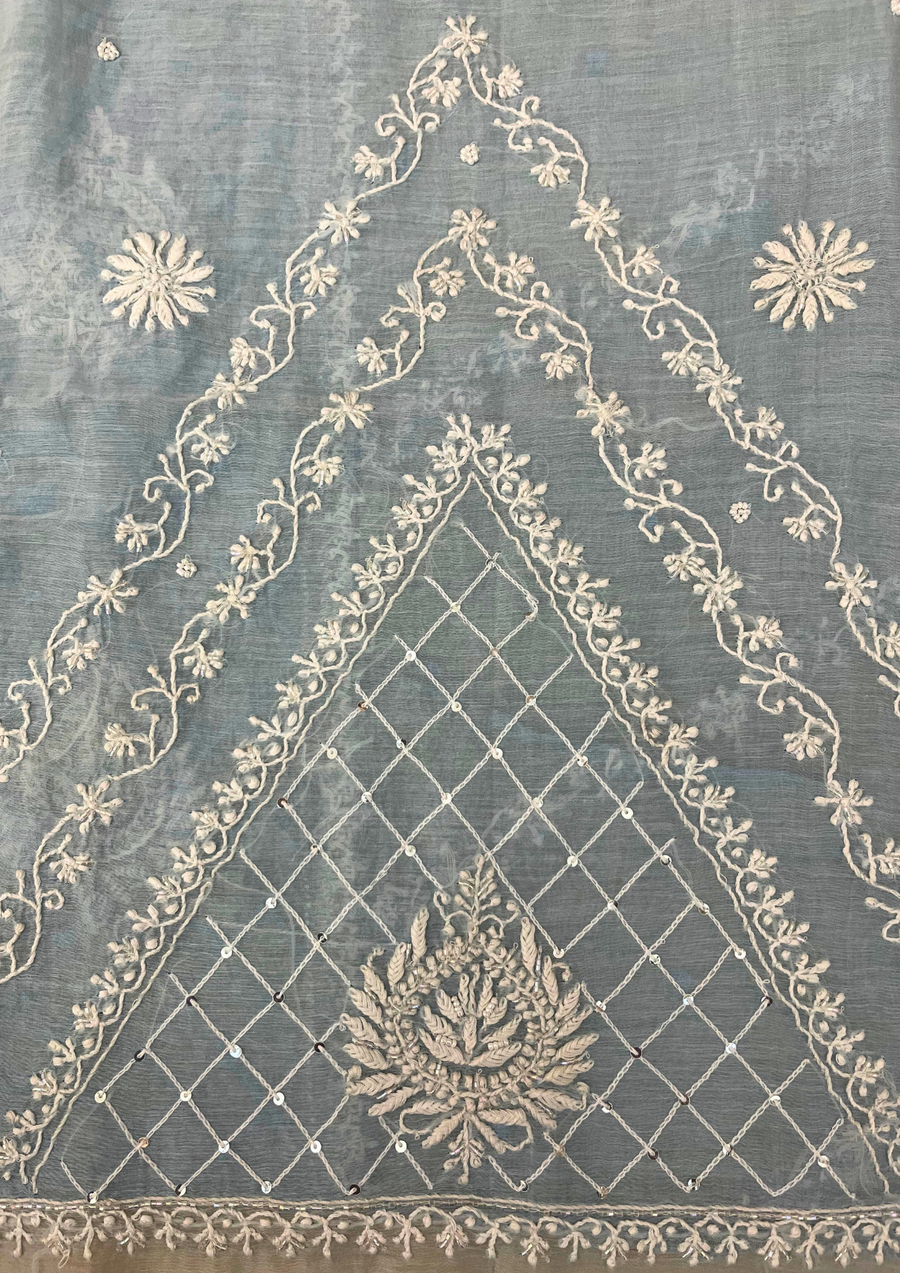 Chikankari Mul Chanderi Unstitched 2Pc Suit - Powder Blue