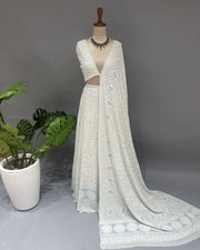 Pure Georgette Chikankari Unstich Lehenga - White
