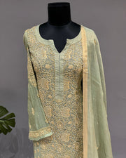 Tissue Chikankari Semistitch 2pc Suit - Sage Green
