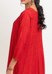 Chanderi Chikankari A-line Kurta - Red