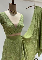 Pure Georgette Chikankari Unstitched Lehenga - Olive Green