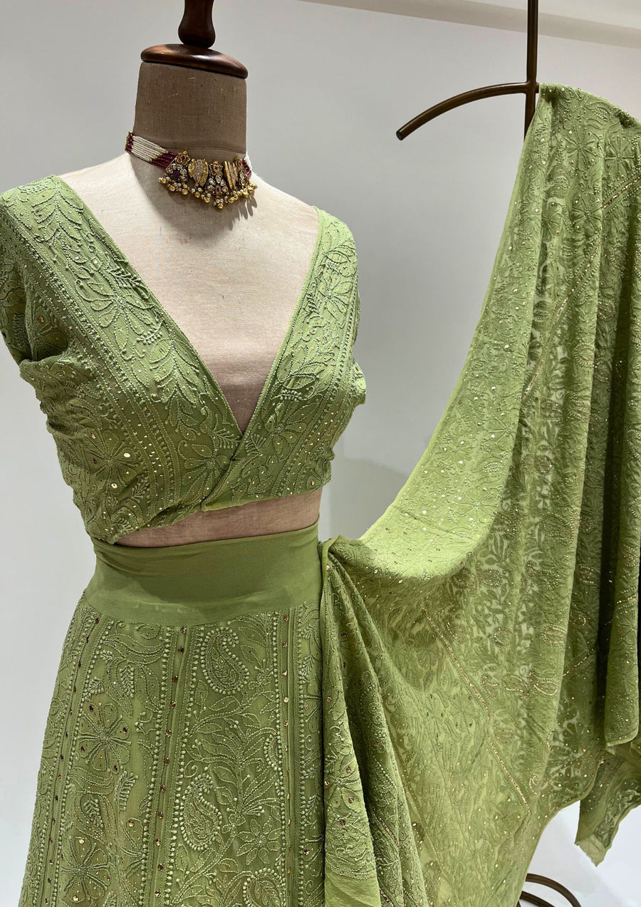 Pure Georgette Chikankari Unstitched Lehenga - Olive Green