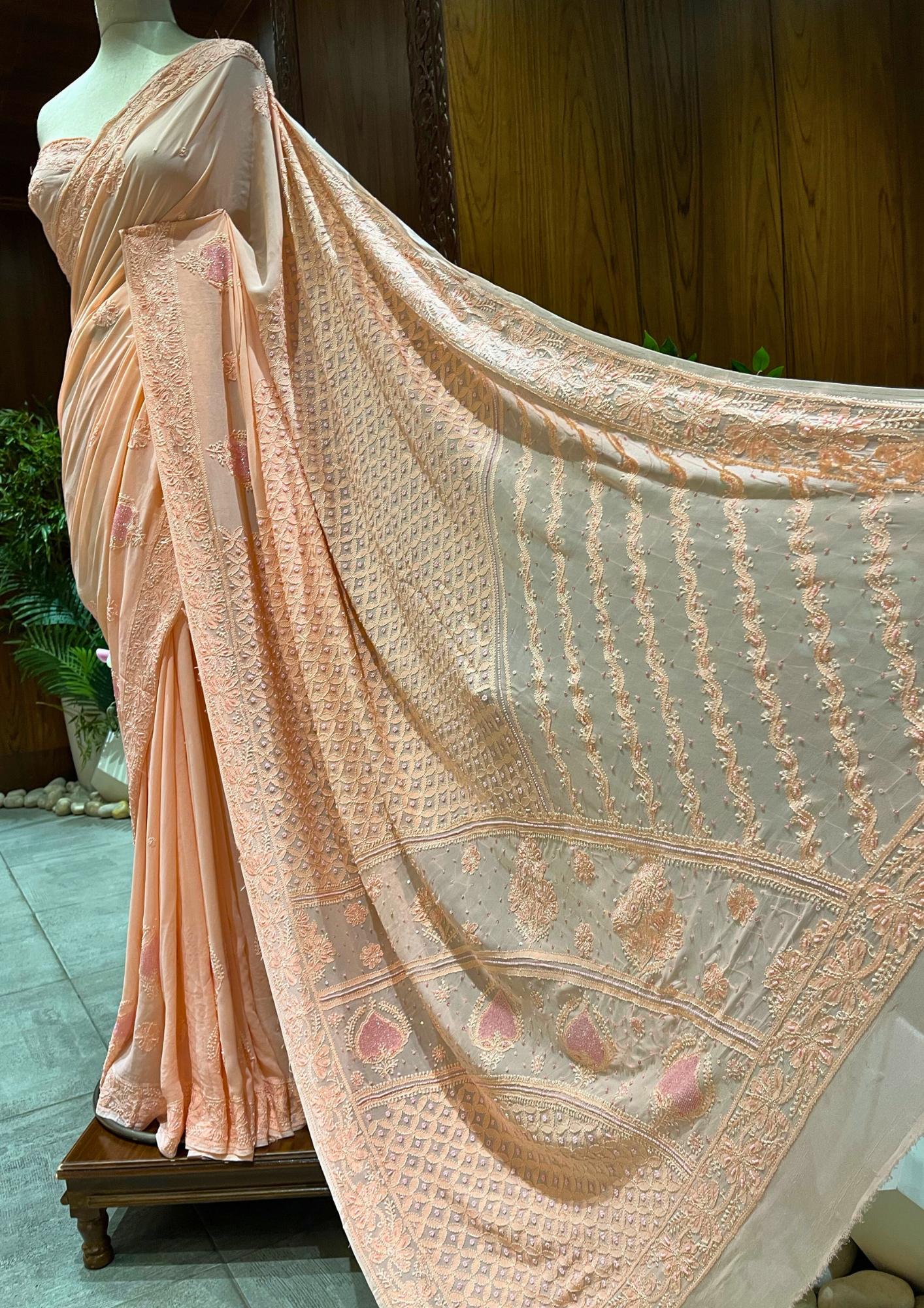 Chikankari Viscose Saree - Peach