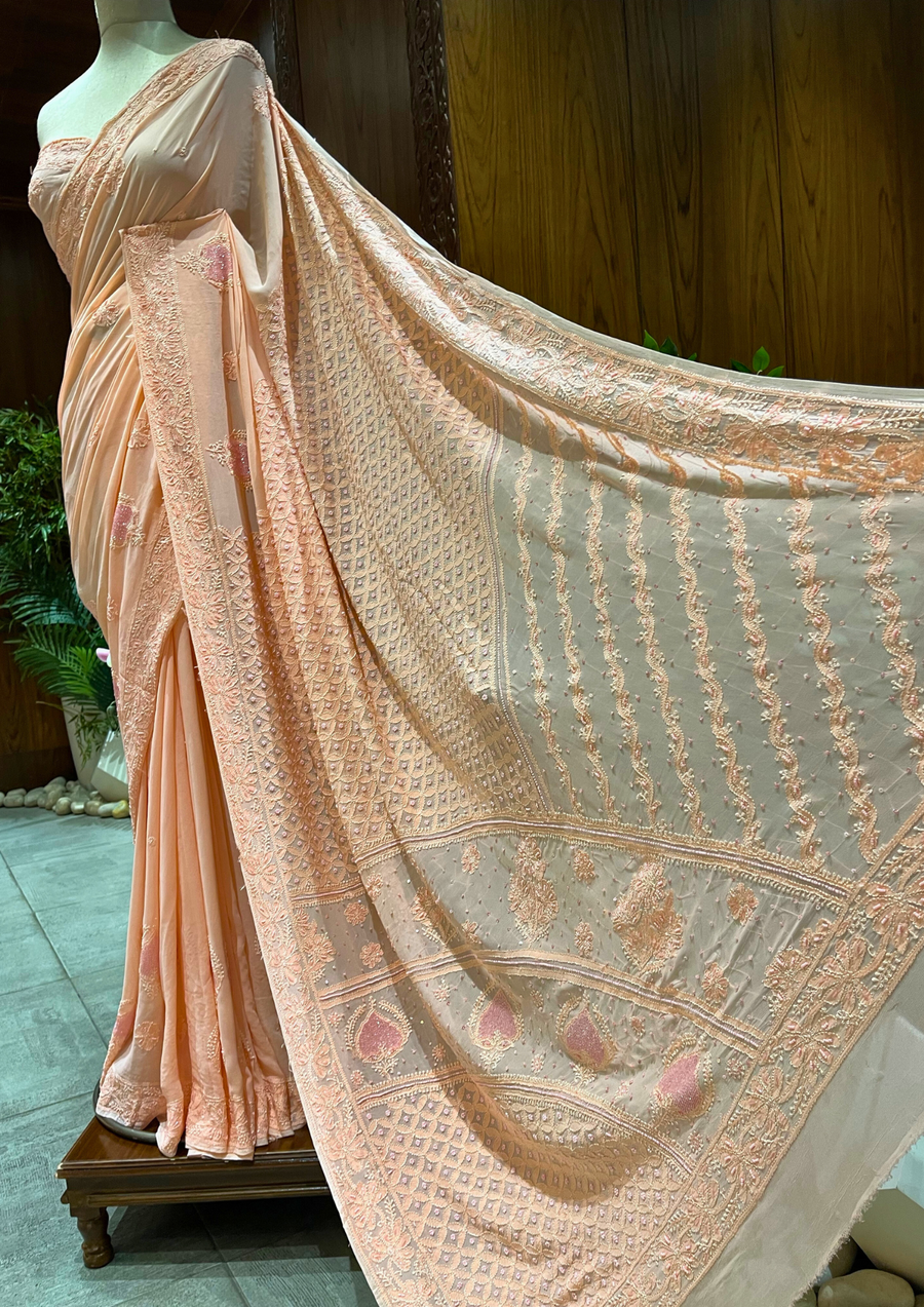 Chikankari Viscose Saree - Peach