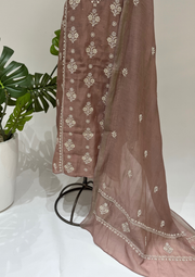 Mul Chanderi Chikankari Unstitched Suit - Hazelnut