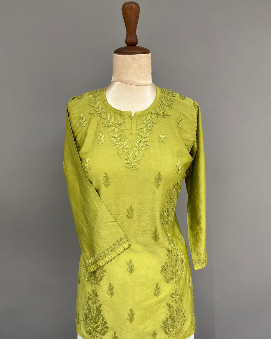 Chanderi Chikankari Short Kurti - Avocado Green
