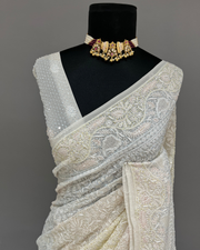 Pure Georgette Chikankari Saree - Multicolour