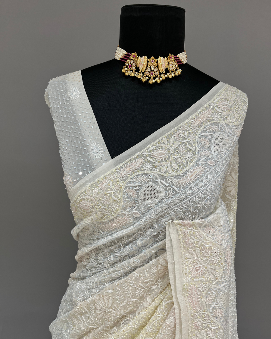 Pure Georgette Chikankari Saree - Multicolour