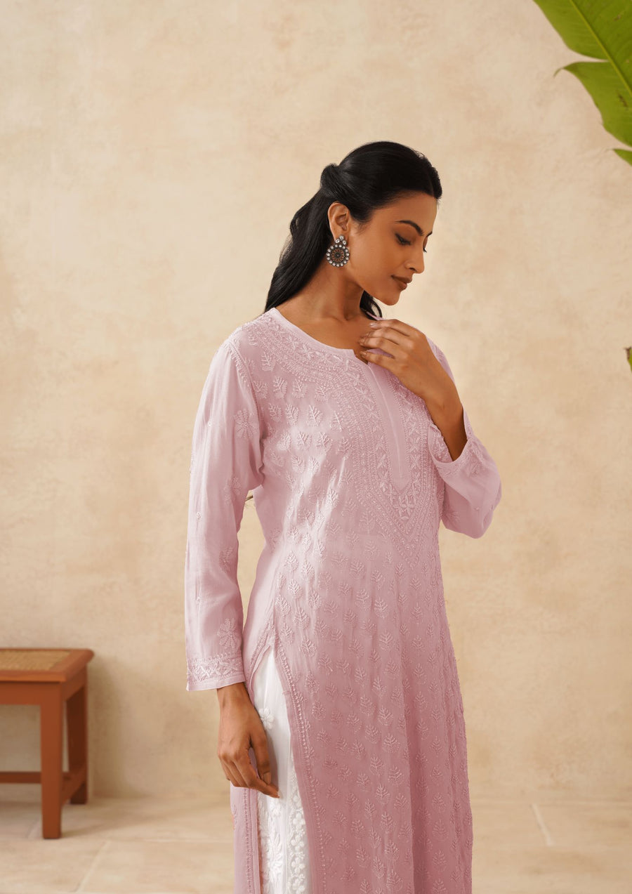 Georgette Chikankari Long Kurti - Ombre Mauve