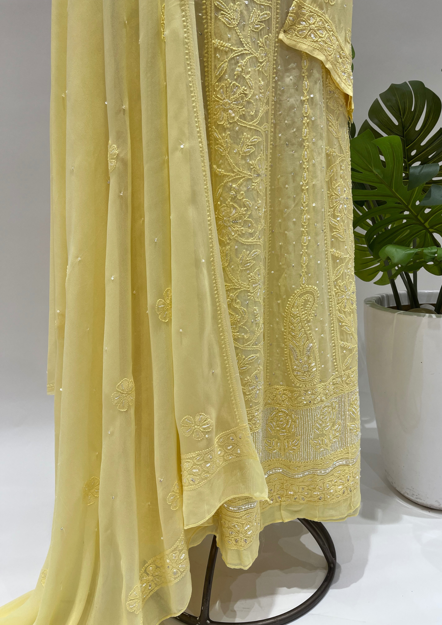Viscose Chikankari Semistitched Anarkali - Sunshine Yellow