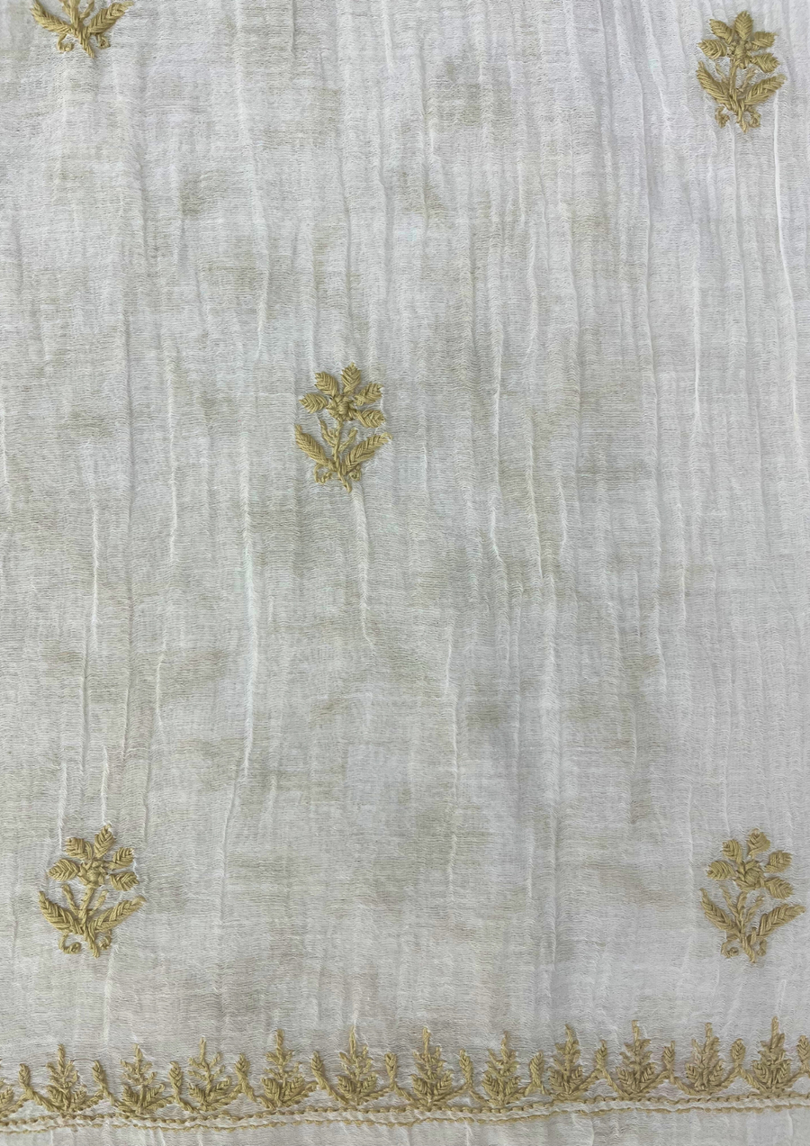 Chikankari Mul Chanderi Unstitched 2Pc Suit - White and Beige