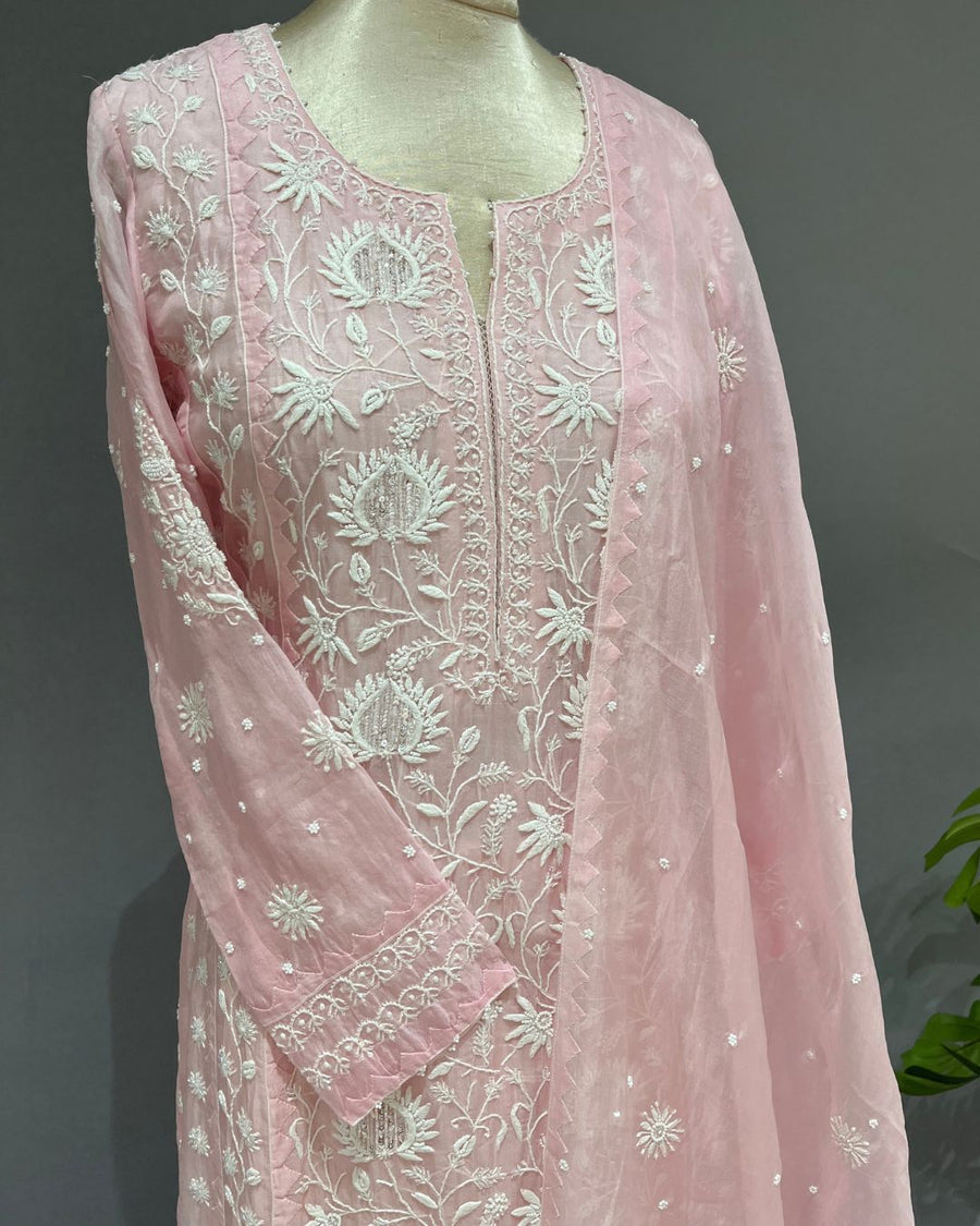 Organza Chikankari 3pc Stitched Suit - Blush Pink
