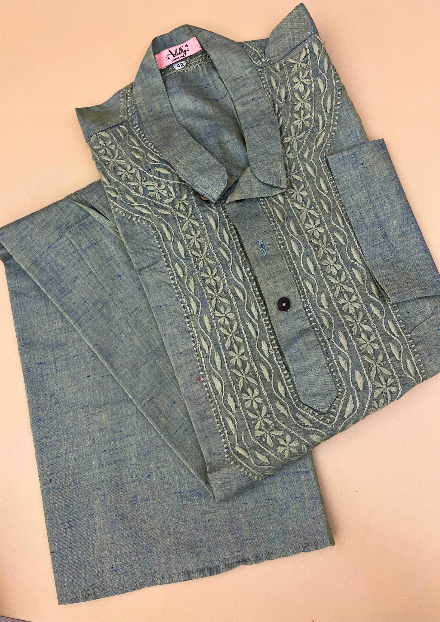 Linen Chikankari Stitched Mens Kurta- Teal Green