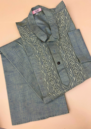 Linen Chikankari Stitched Mens Kurta- Teal Green