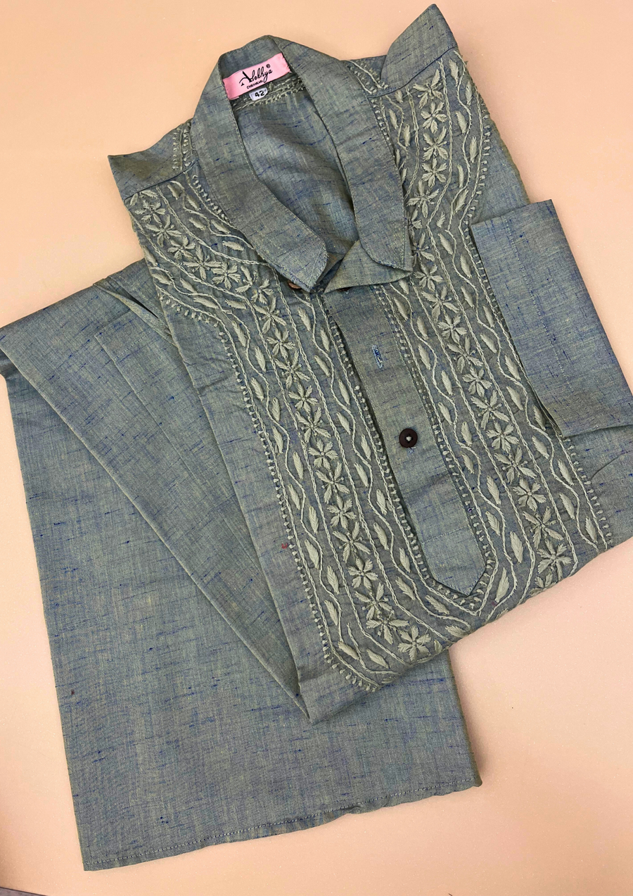 Linen Chikankari Stitched Mens Kurta- Teal Green