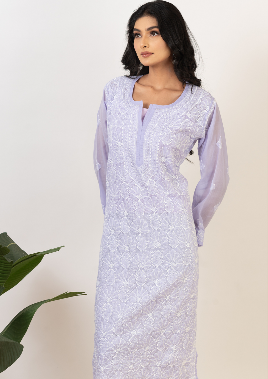 Cotton chikankari long kurti - Lilac