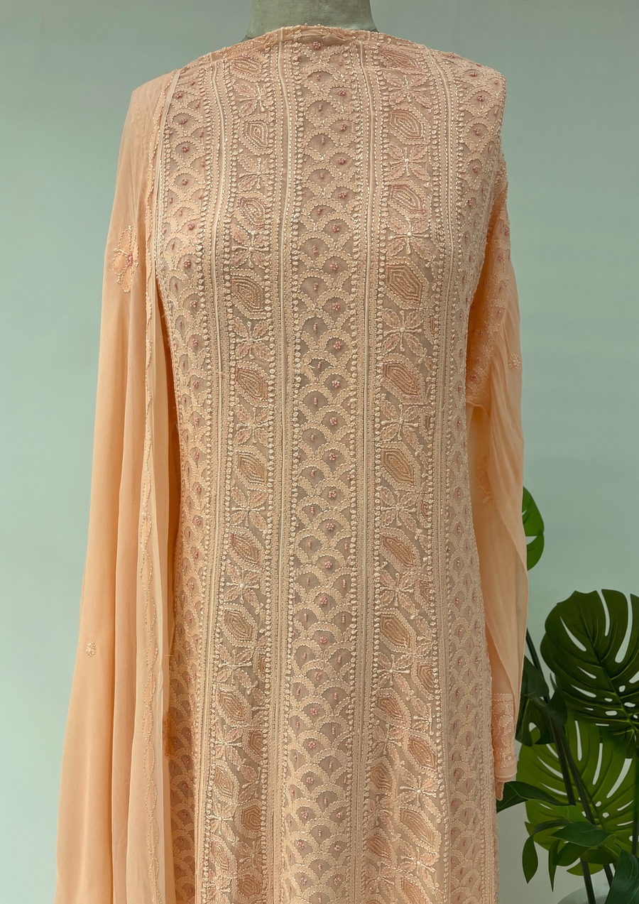 Viscose Chikankari Semistitched Anarkali - Peach