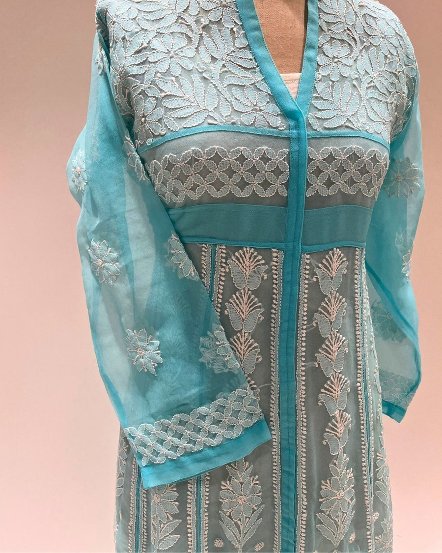Georgette Anarkali Chikankari Kurta- Deep Sky Blue