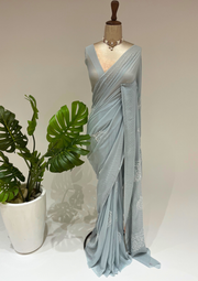 Pure Georgette Chikankari Saree  - Greyish Blue
