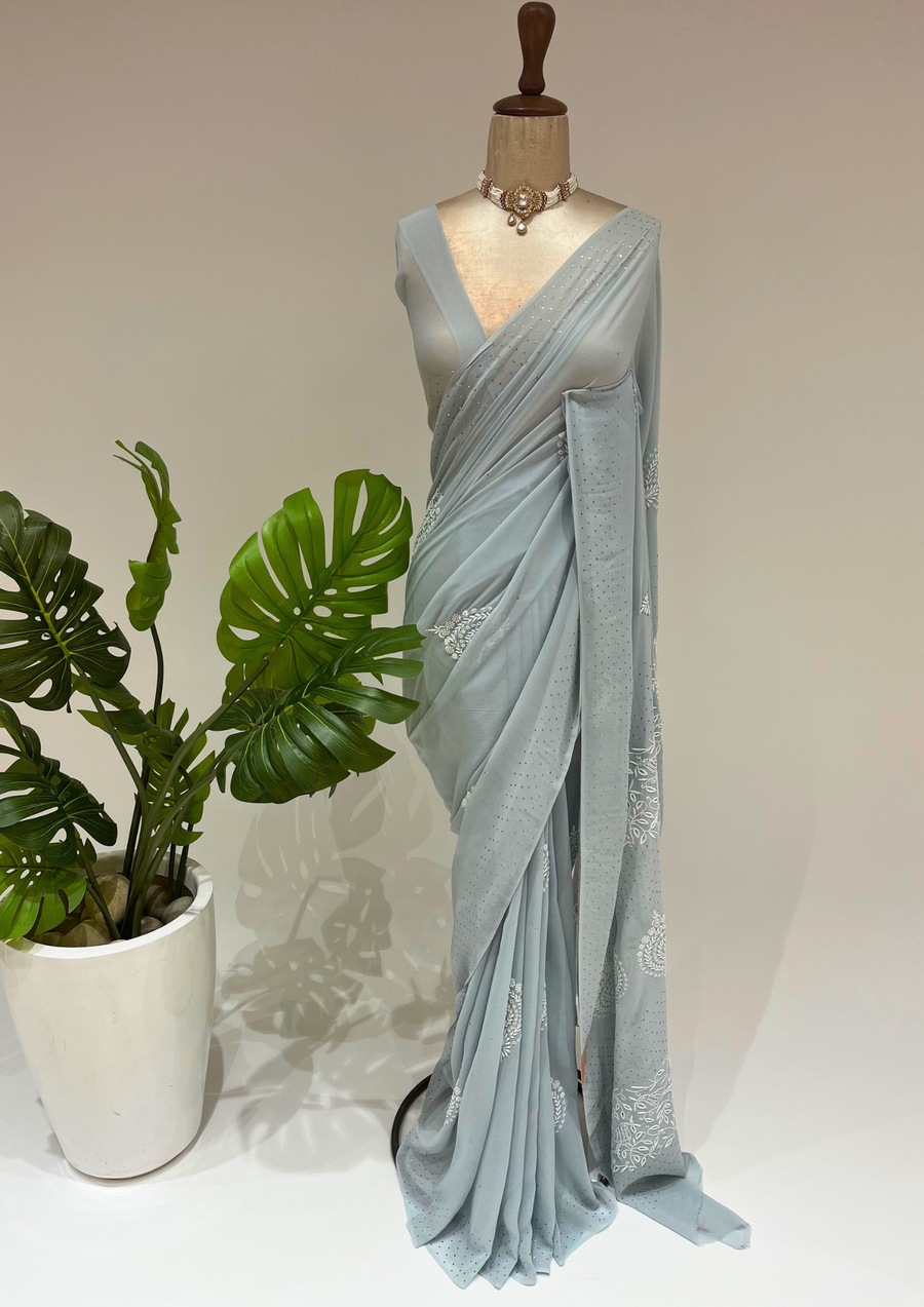 Pure Georgette Chikankari Saree  - Greyish Blue