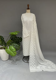 Mul Chanderi Chikankari Unstitch 2pc Suit - white