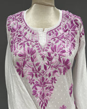 Cotton Chikankari Short Kurti - White & Plum