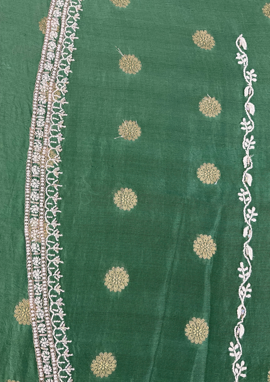 Mul Chanderi Chikankari Unstitched Mens Kurta - Bottle Green