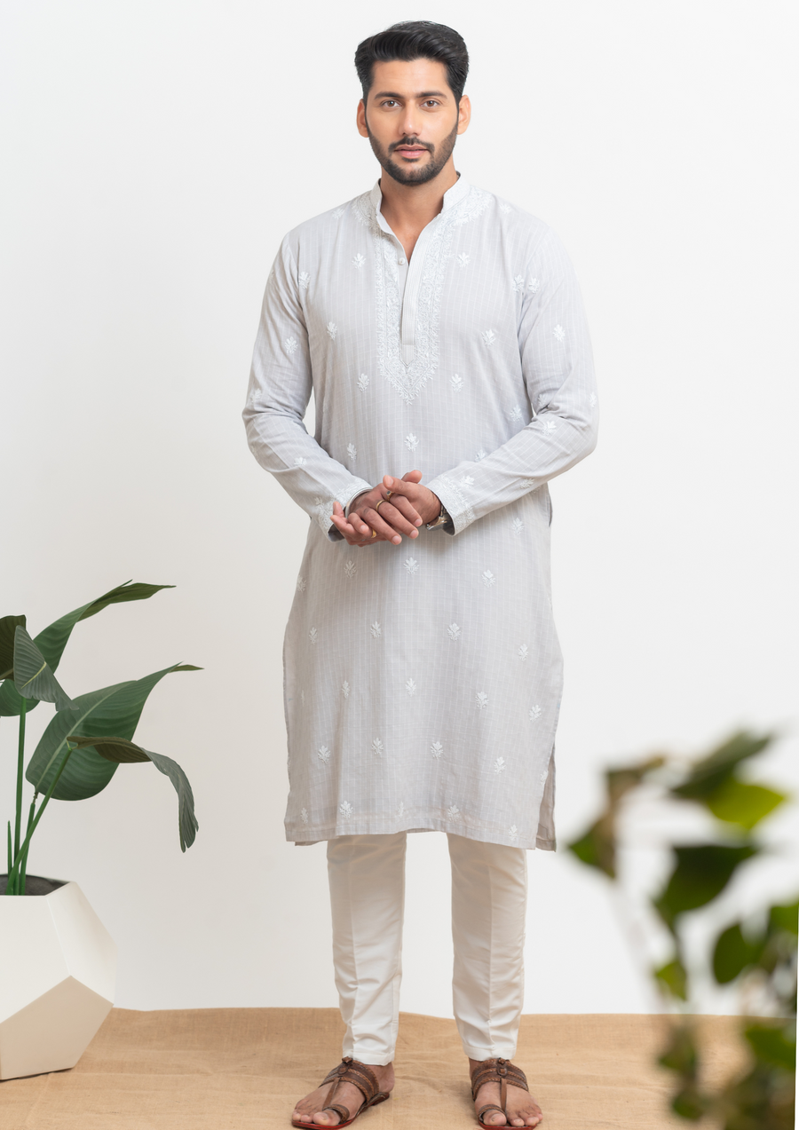 Cotton Chikankari Men's Kurta - Grey