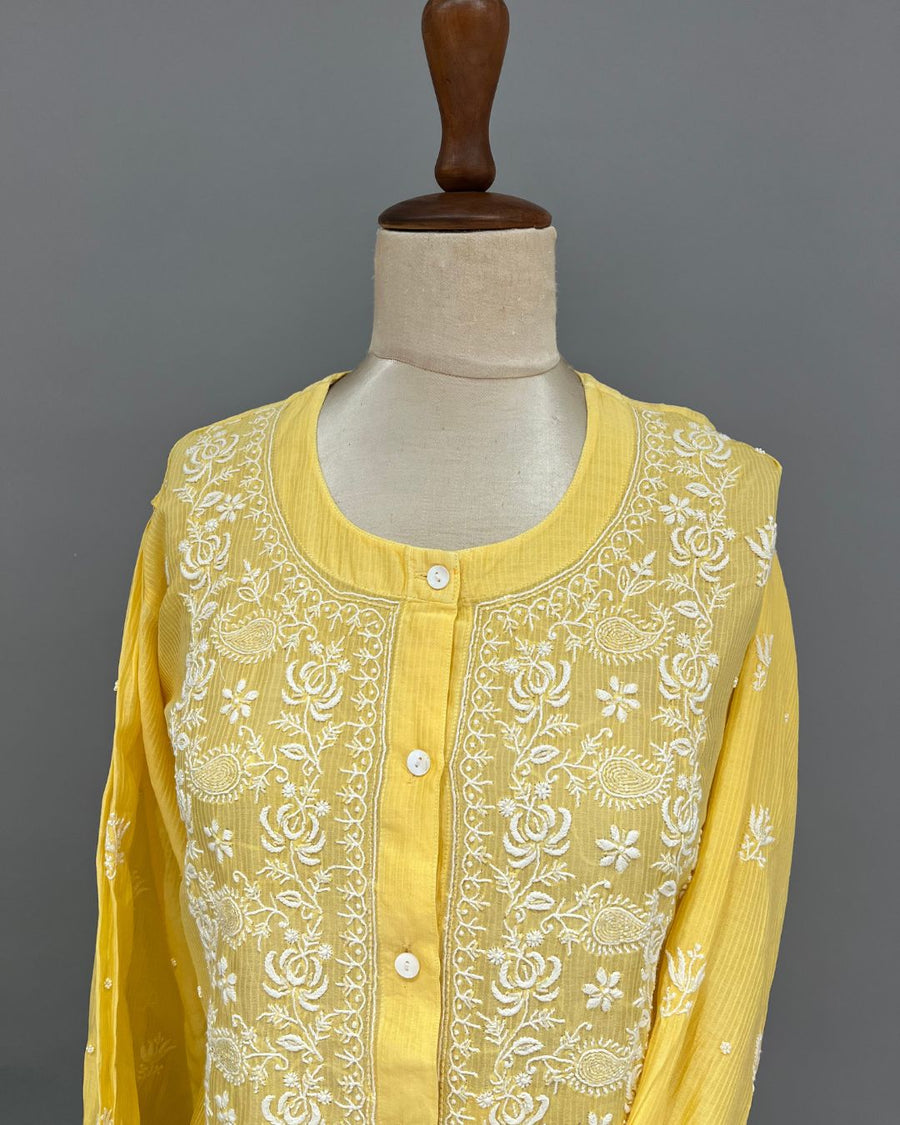 Maheshwari Chanderi Chikankari Co ord set - Sunflower Yellow