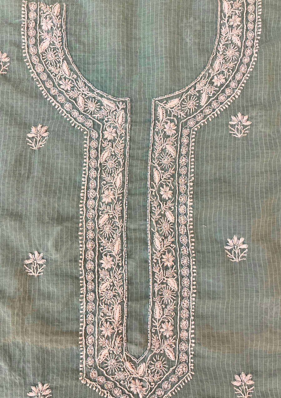Maheshwari Chanderi Chikankari Mens Kurta - Teal