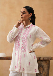 Chikankari Mul Chanderi Co-ord set - White and Pink
