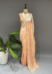 Chanderi Chikankari Saree - Ombre Peach
