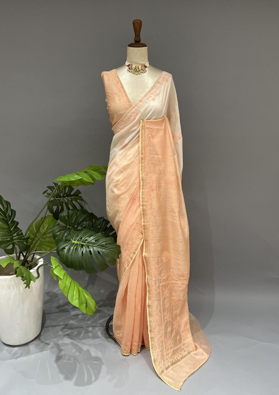 Chanderi Chikankari Saree - Ombre Peach