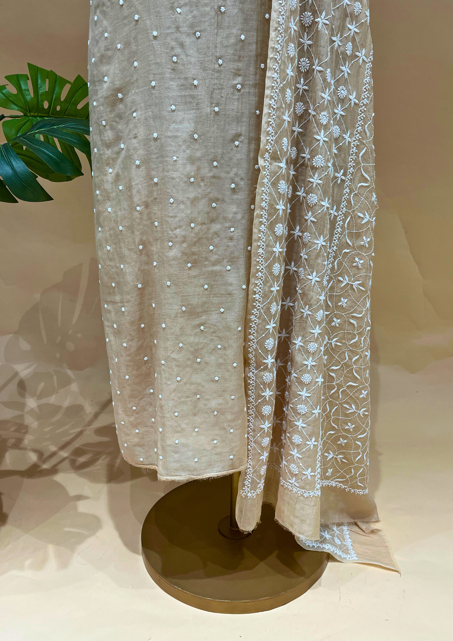Chikankari Mul Chanderi Unstitched 2pc Suit - Peach Dust