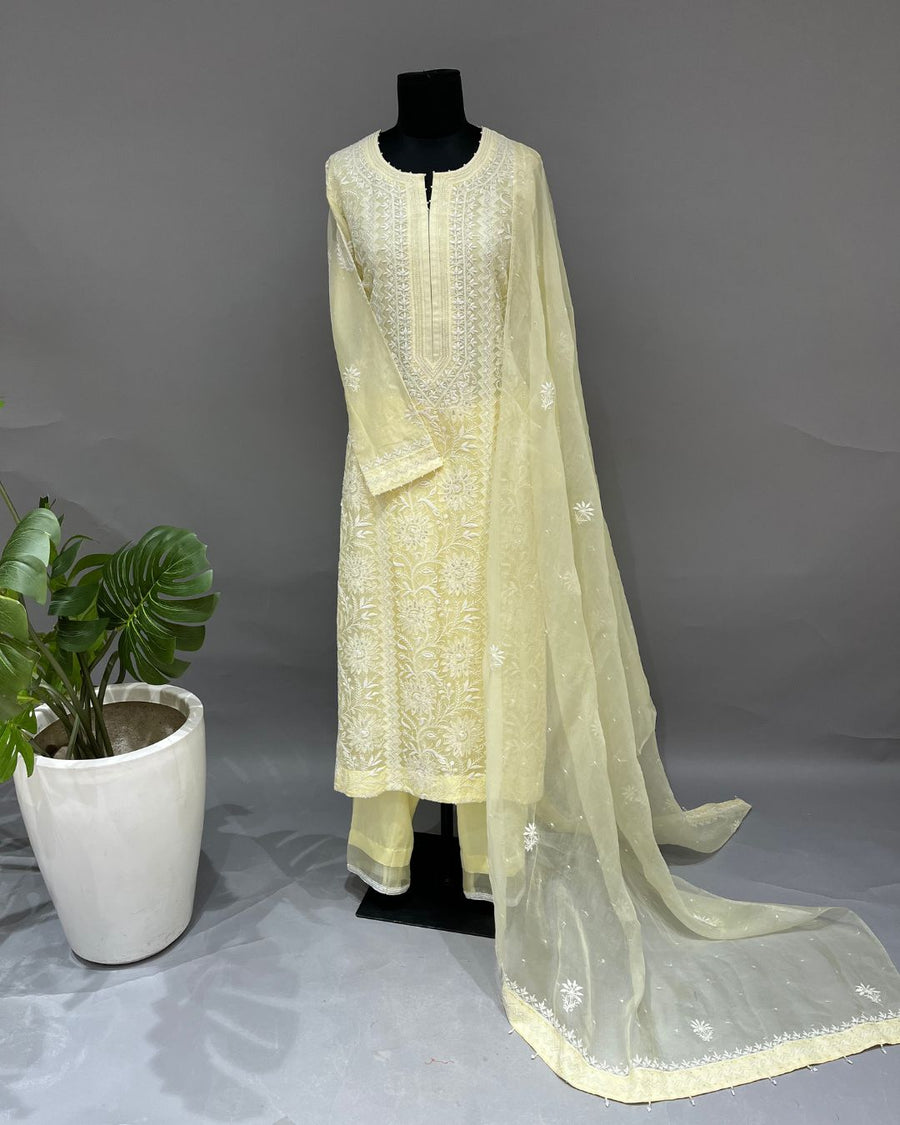 Organza Chikankari Stitch 3pc Suit - Lemon Yellow