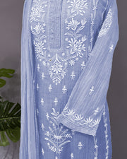 Mul Chander Chikankari 3 pc Suit - Capri Blue Ombre