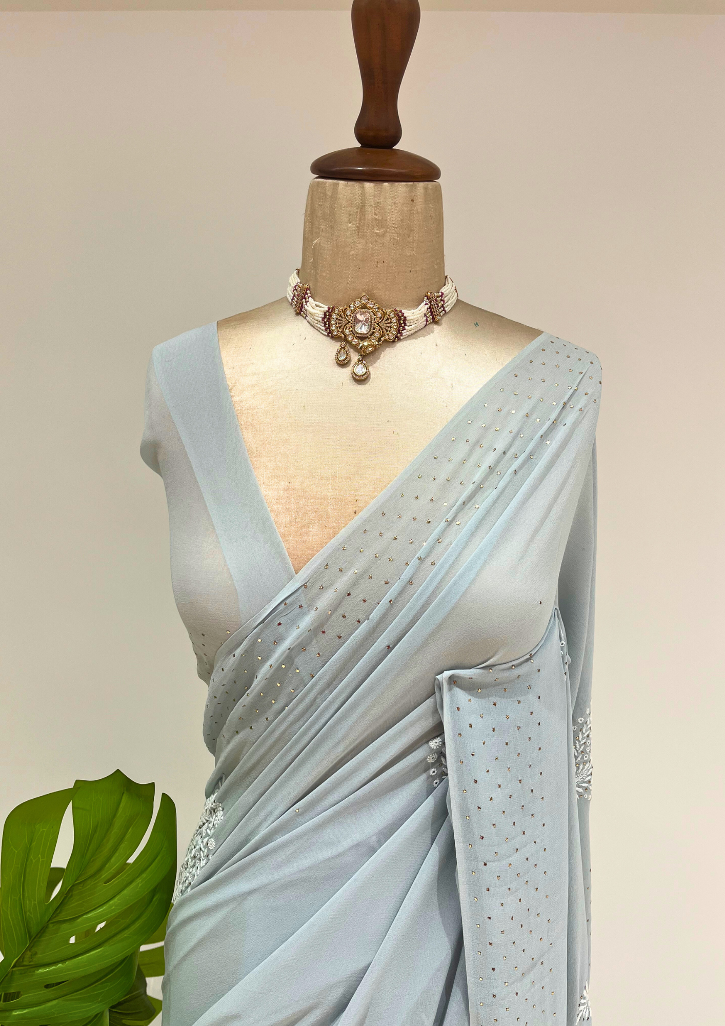 Pure Georgette Chikankari Saree  - Greyish Blue
