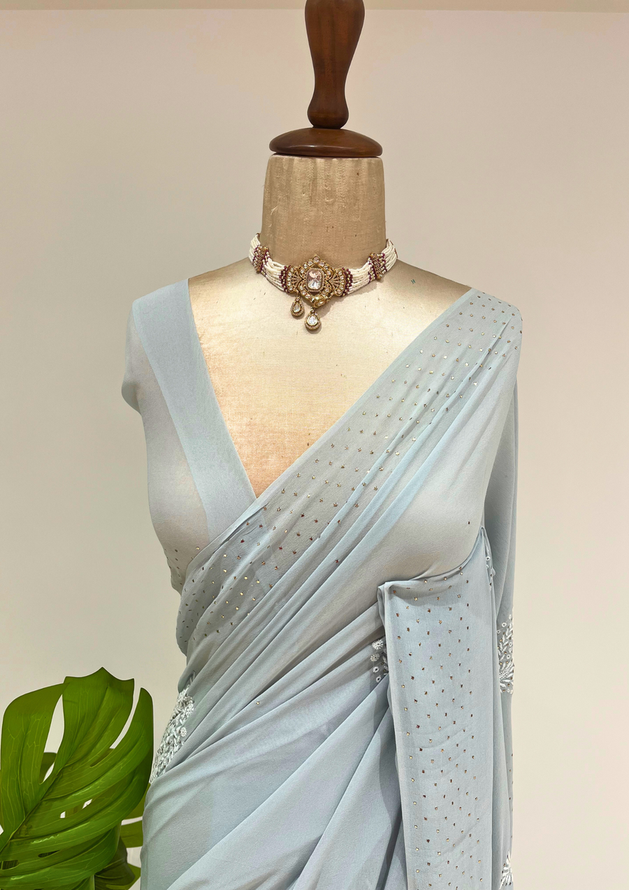 Pure Georgette Chikankari Saree  - Greyish Blue