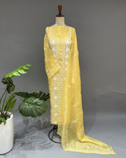 Organza Chikankari Unstitch 2pc Suit - Corn Yellow