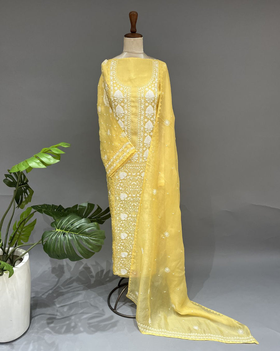 Organza Chikankari Unstitch 2pc Suit - Corn Yellow